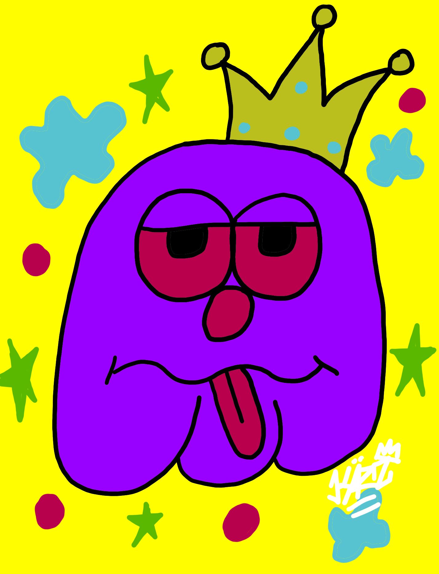 King Clyde Crook, a purple crowned mascot with a stuck-out tongue, on a yellow graffiti background
